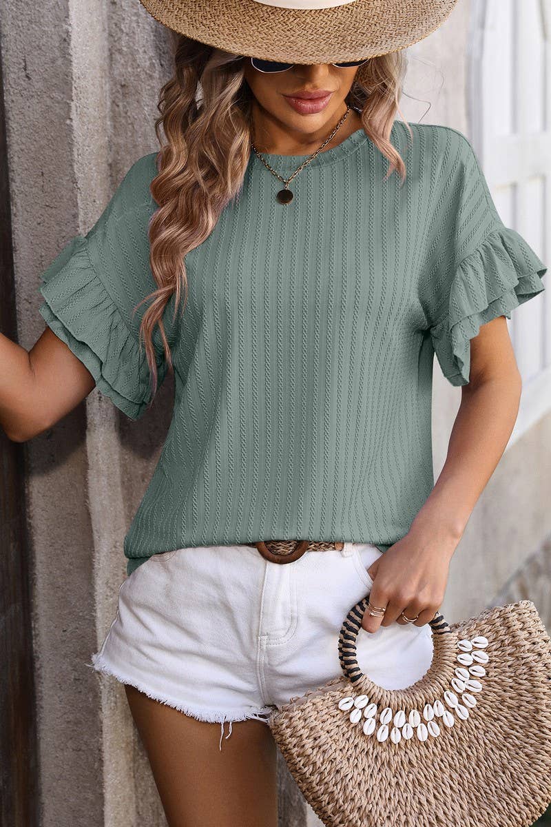 CWTBLS0906_ROUND NECK SHORT SLEEVE SHIRT WITH LOTUS SLEEVES