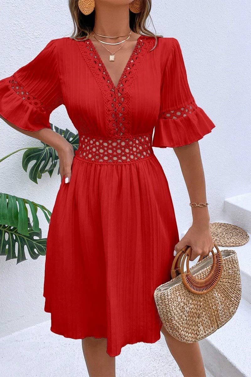 CWDSD7521_SUMMER LACE STYLISH WAIST SOLID COLOR DRESS