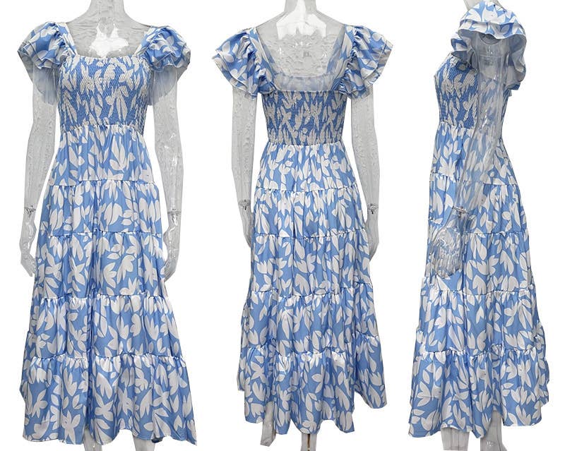 CASUAL SQUARE COLLAR PRINT PLEATED DRESS