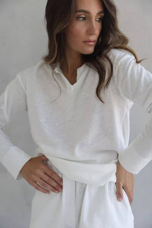 CWSPJ0366_KNITTED WHITE LONG-SLEEVED TROUSERS PAJAMA SET