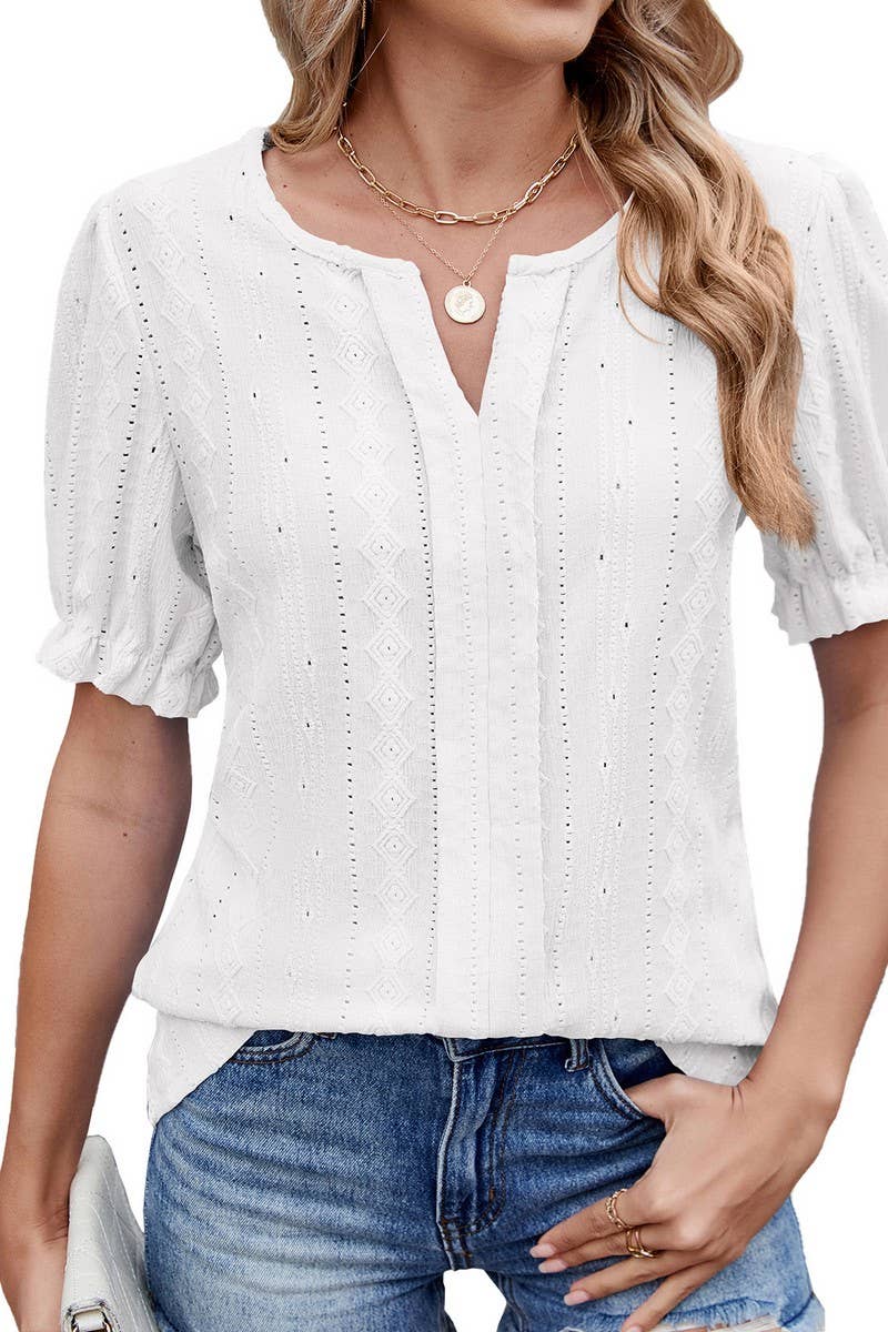 CWTTS1331_SUMMER V-NECK LOOSE PUFF SLEEVE JACQUARD T-SHIRT