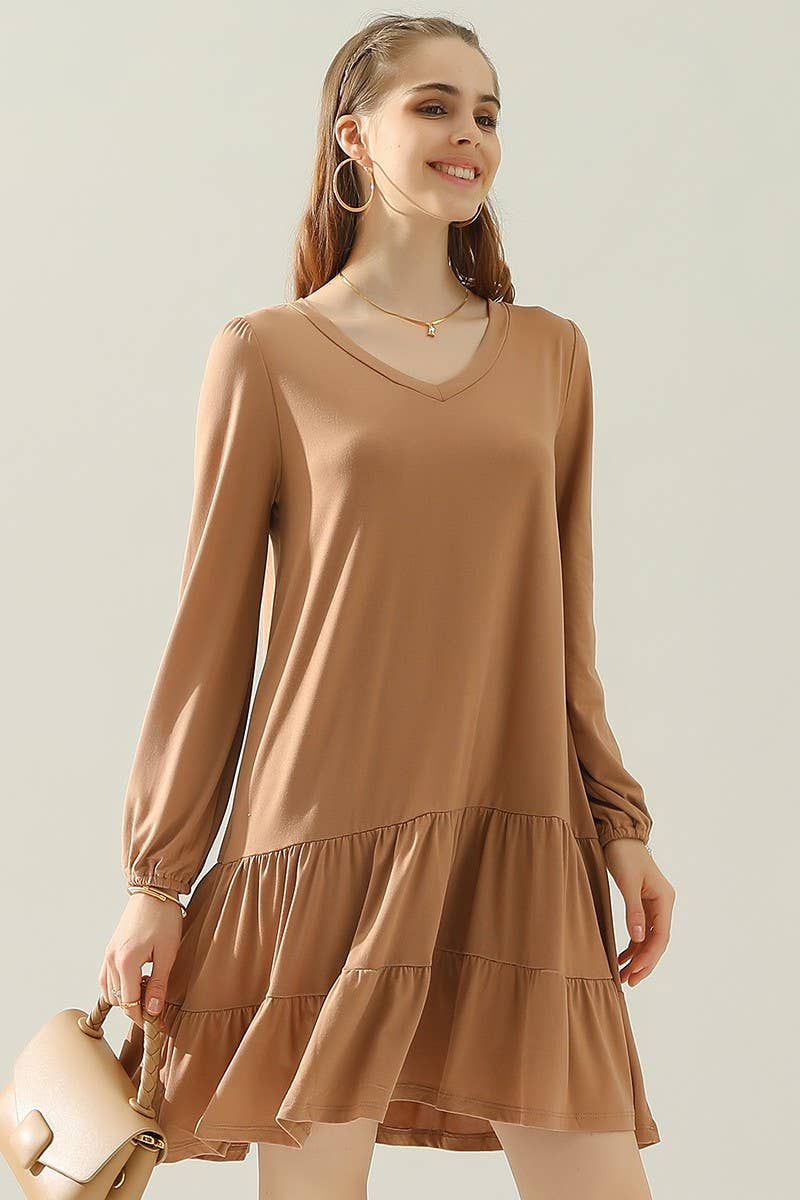 CWDSD10411_SHRRING LAYERED HEM DRESS WITH LONG SLEEVE