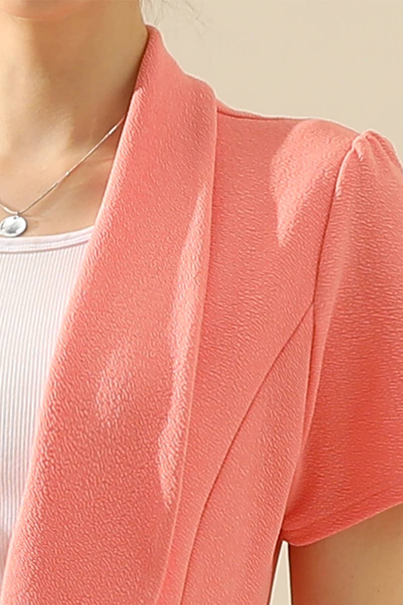 CWOBL095-P_Short Sleeve Open Front Draped Ruffles Blouses