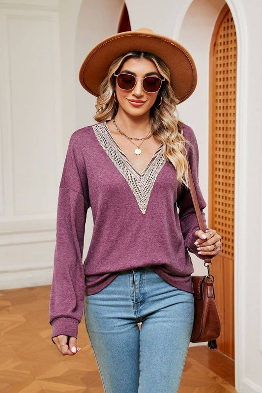 CWTBLL2393_LONG SLEEVE LACE V-NECK SOLID COLOR T-SHIRT TOP