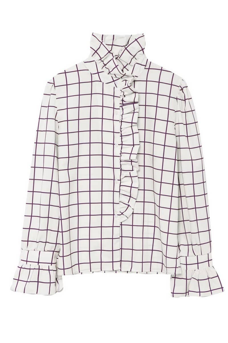 CWTBLL3817_STREET FASHION RUFFLED PLAID LONG SLEEVE SHIRT