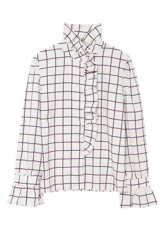 CWTBLL3817_STREET FASHION RUFFLED PLAID LONG SLEEVE SHIRT