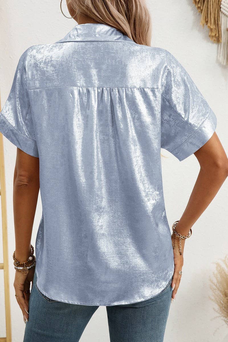 CWTBLS2257_METALLIC COLLARED SHORT SLEEVE RELAXED SHIRT