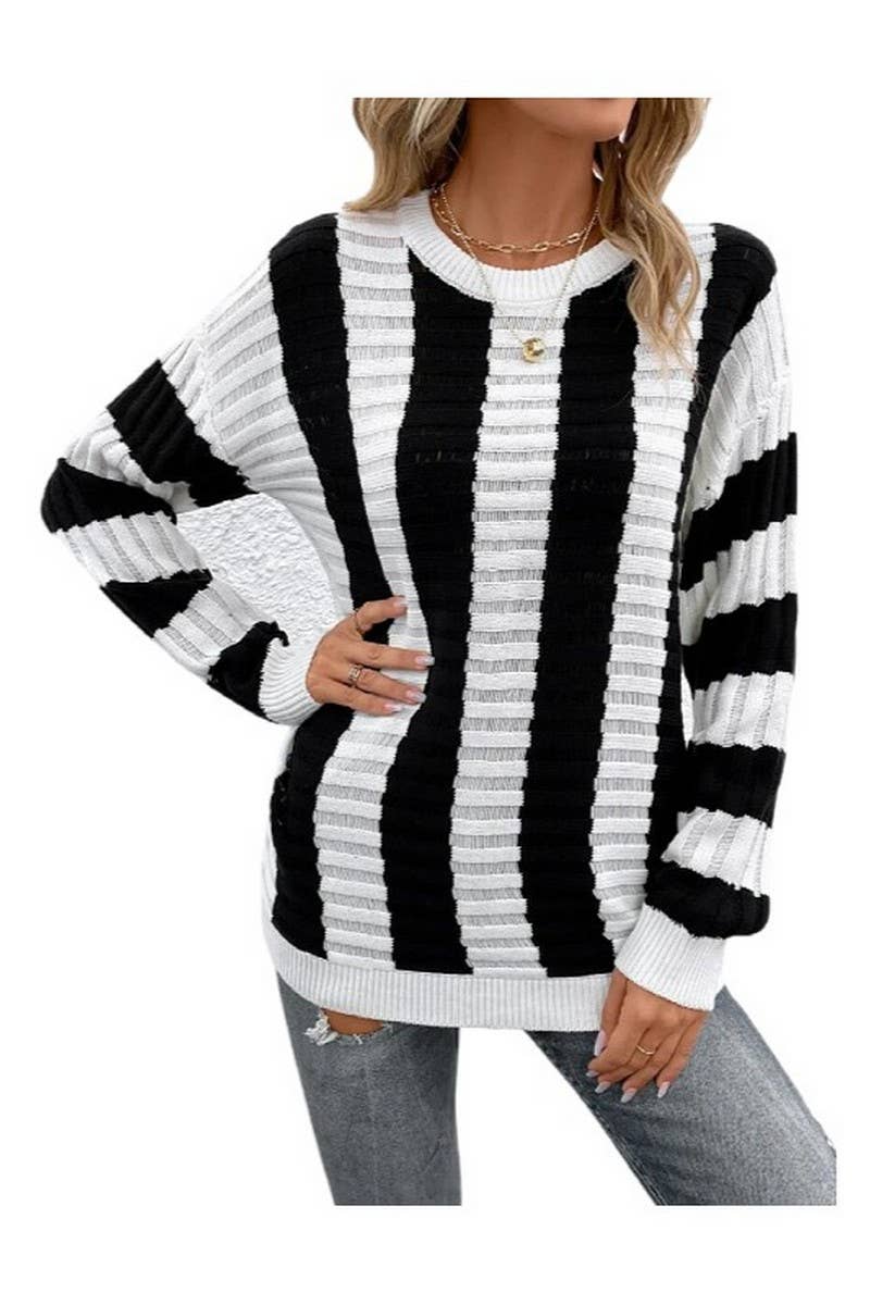 CWOSWL6280_STRIPED HOLLOW LONG-SLEEVED SWEATER TOP