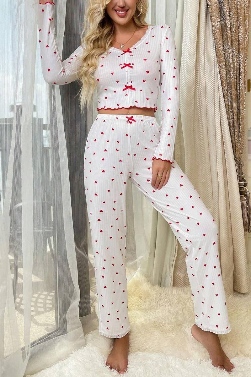CWSPJ00492_HEART PRINT V NECK LONG SLEEVE PAJAMA SET