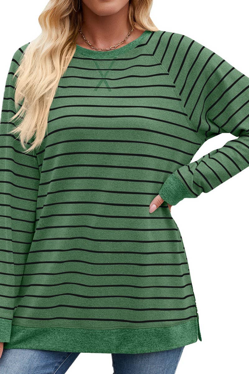 CWTBLL3663_STRIPED PATCHWORK ROUND NECK LONG SLEEVED T-SHIRT