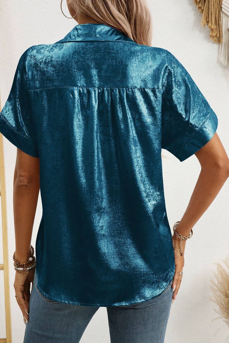 CWTBLS2257_METALLIC COLLARED SHORT SLEEVE RELAXED SHIRT