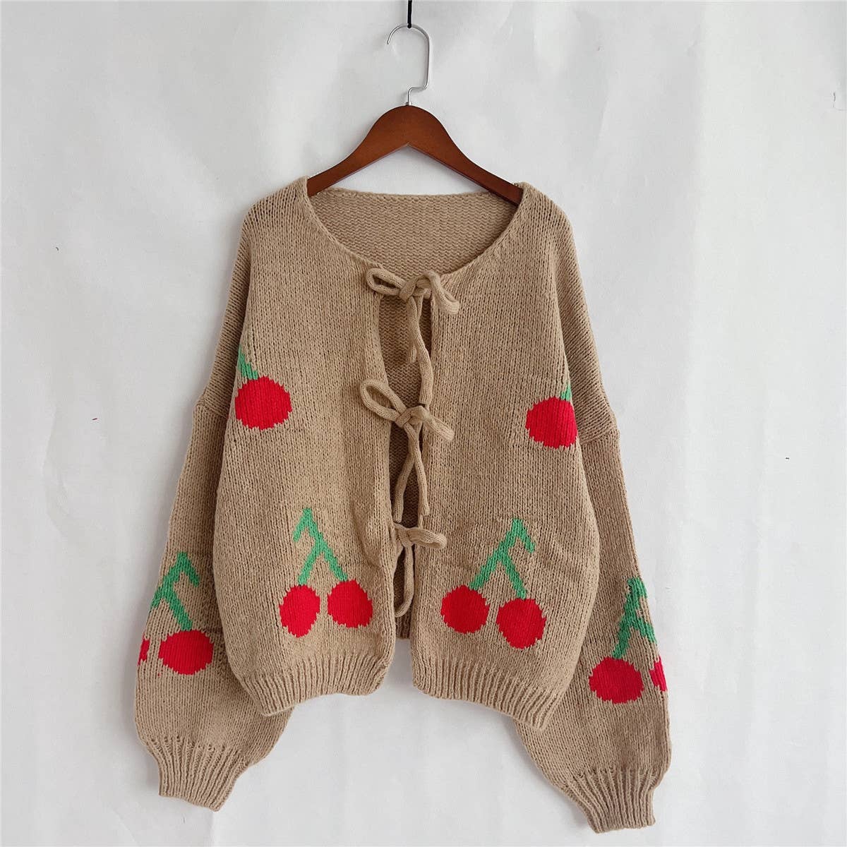 Cherry embroidery jacquard lace-up cardigan