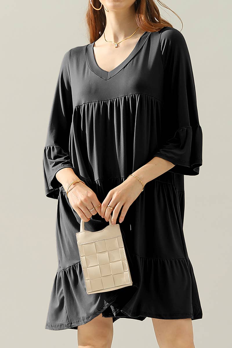 CWDSD10353_V NECK 3 TIERED WITH RUFFLE SLEEVE DRESS