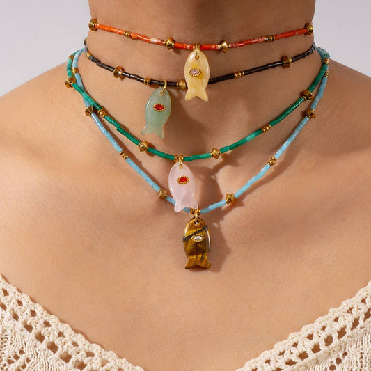 Animal Fish Necklace with Gem and Steel_CWMM7531