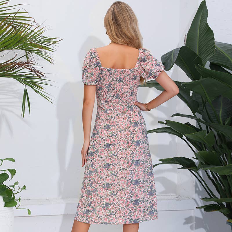 Boho Floral Square Neck Puff Sleeve Dress