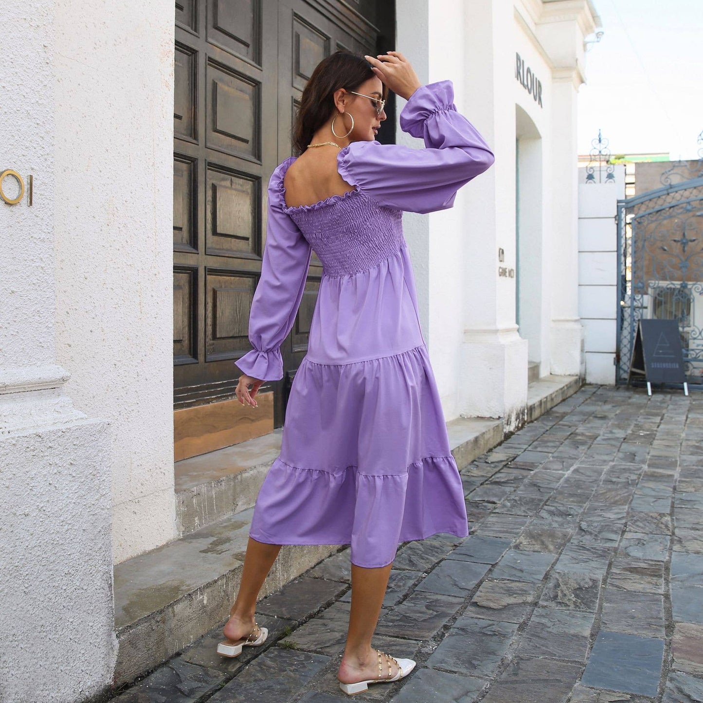 CABLE FLOUNCES SQUARE NECKLINE TIERED SWING DRESS