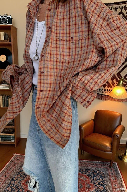 CWTSTL910_LOOSE RETRO PLAID LONG SLEEVE SHIRT