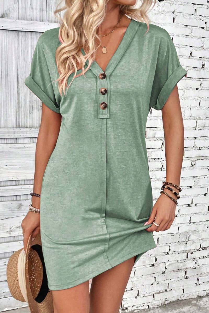 CWDSD4862_SUMMER V-NECK BUTTON-UP SHORT-SLEEVED DRESS SHORT