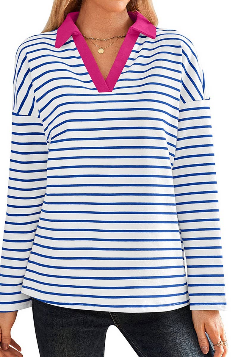 CWTBLL3674_STRIPED V-NECK LOOSE LAPEL SWEATSHIRT TOP