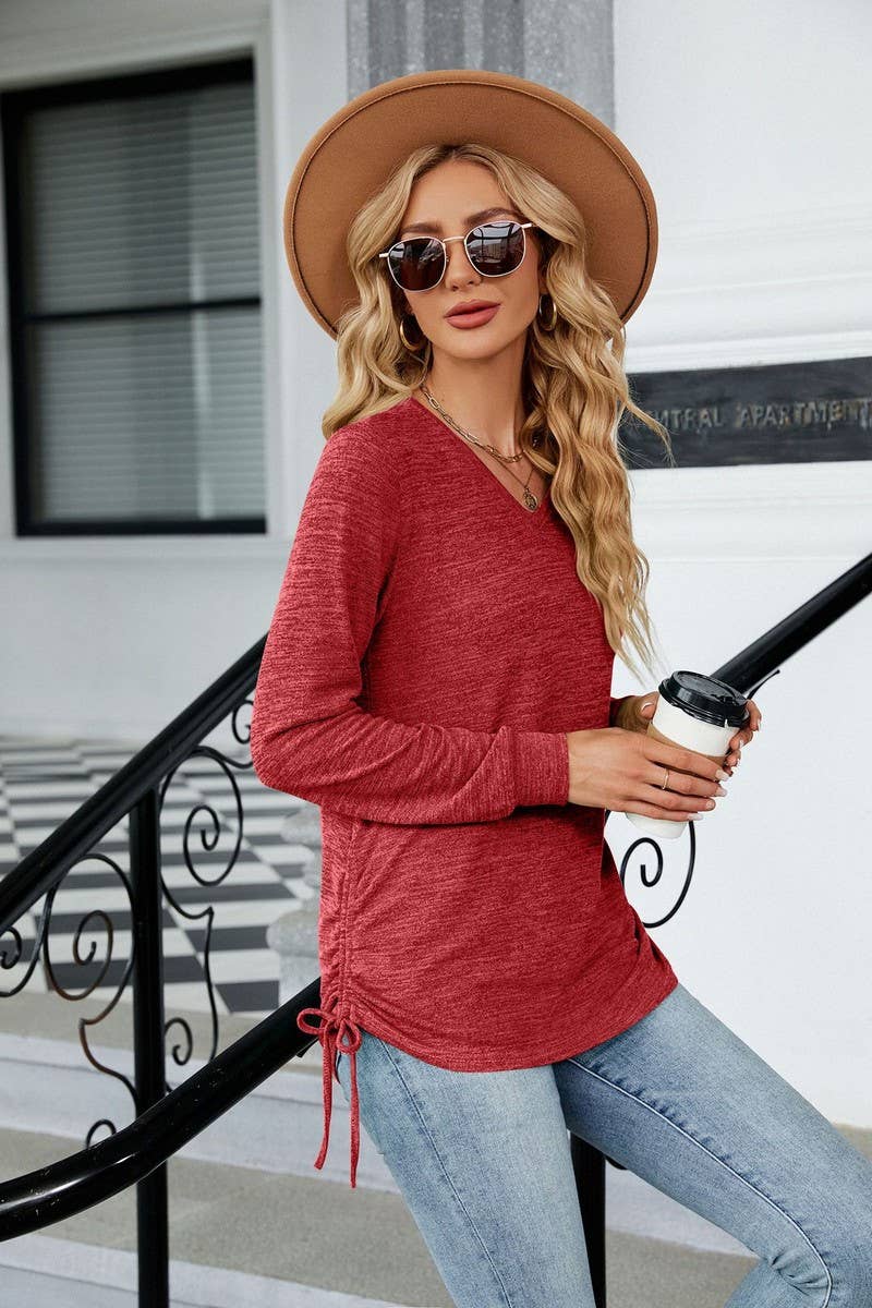 CWTBLL3662_WOMEN'S V-NECK PLEATED LONG SLEEVED LOOSE T-SHIRT