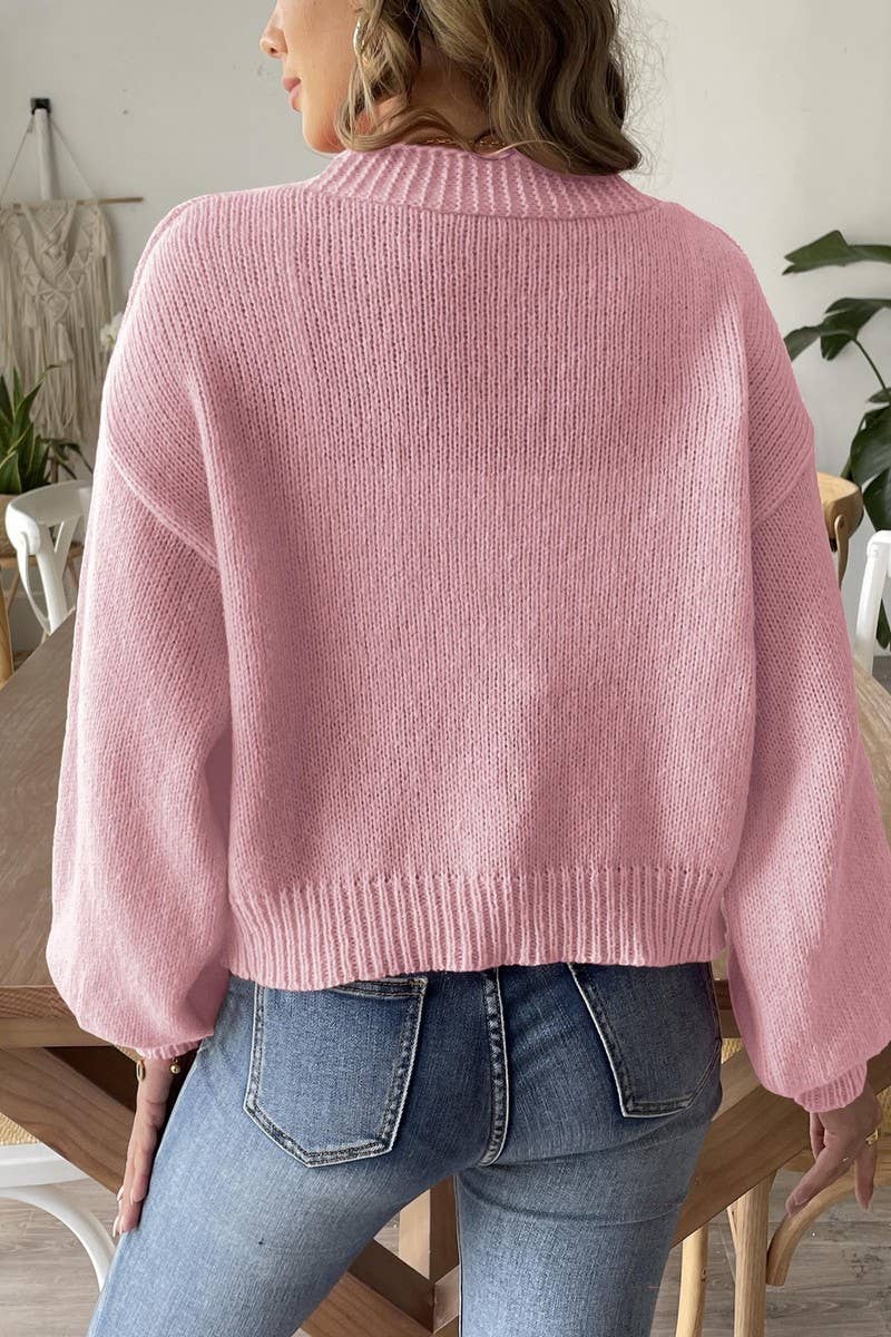 CWOSWL07398_WOMEN LANTERN SLEEVE KNIT CARDIGAN SWEATER