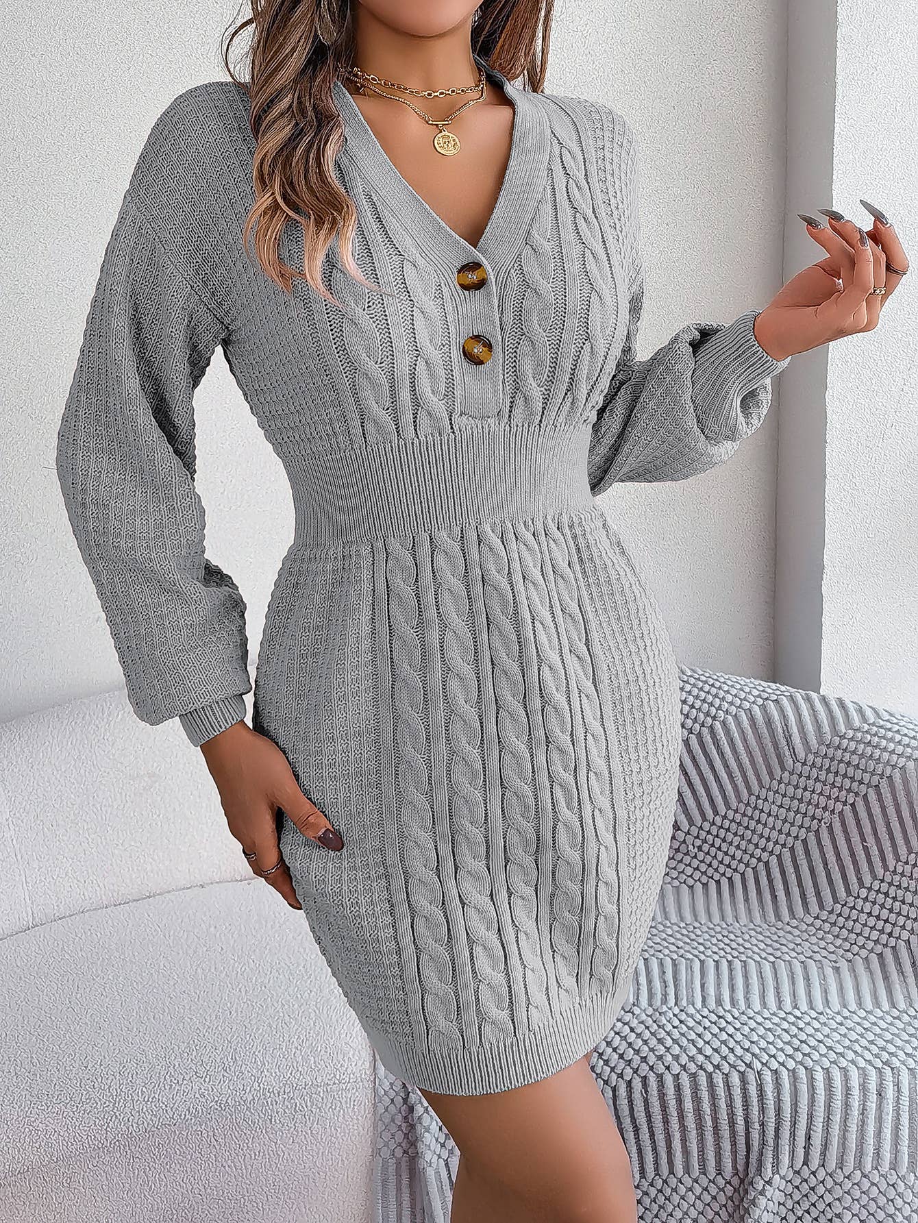 BUTTON-DOWN V-NECK SWEATER DRESS WITH HIP WRAP