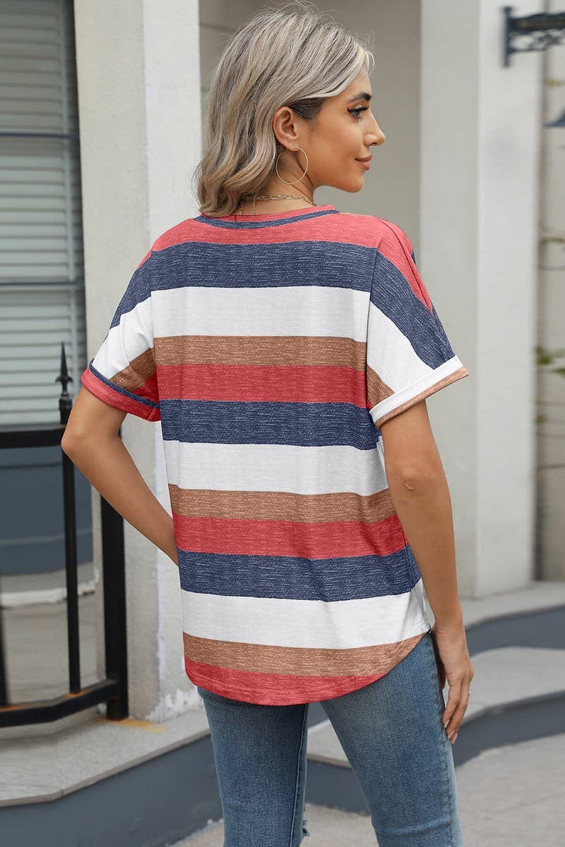 CWTBLS1703_V-NECK PRINTED STRIPED BAT SLEEVE T-SHIRT TOP