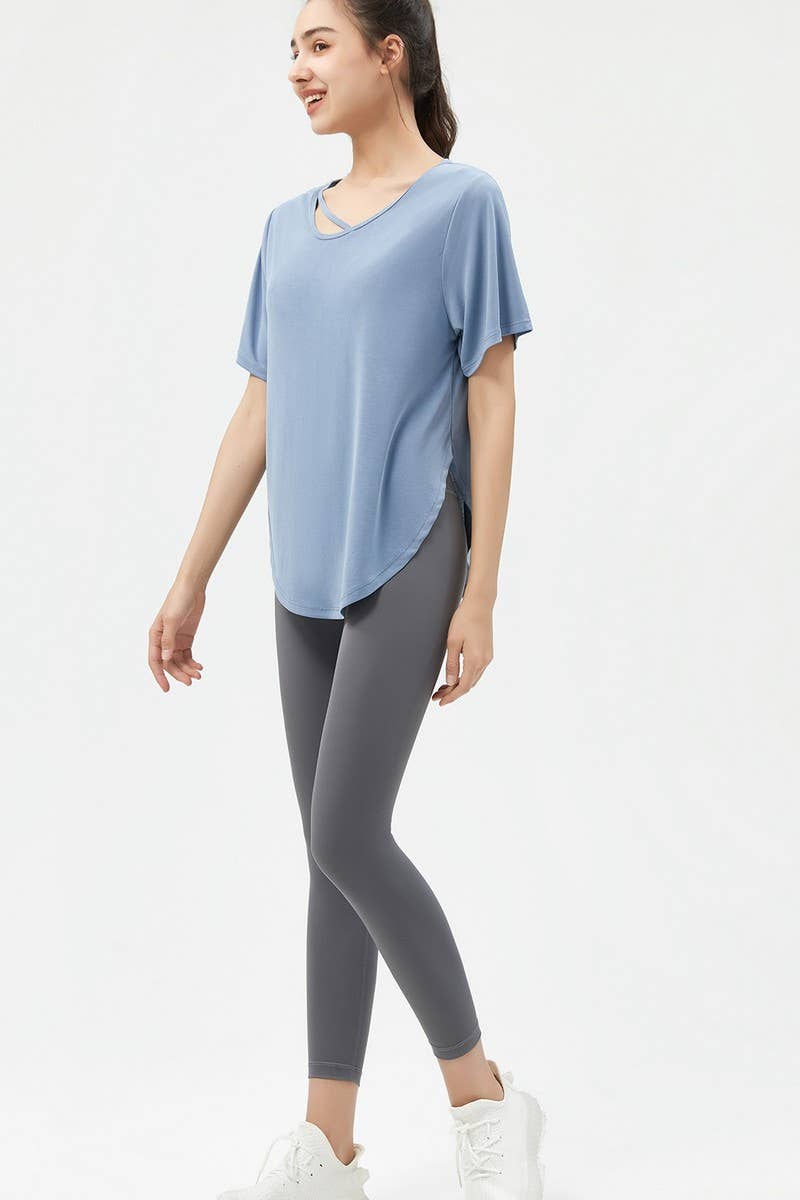 CWTBLS1469_LOOSE SHORT-SLEEVED SOLID COLOR SPORTS TOP