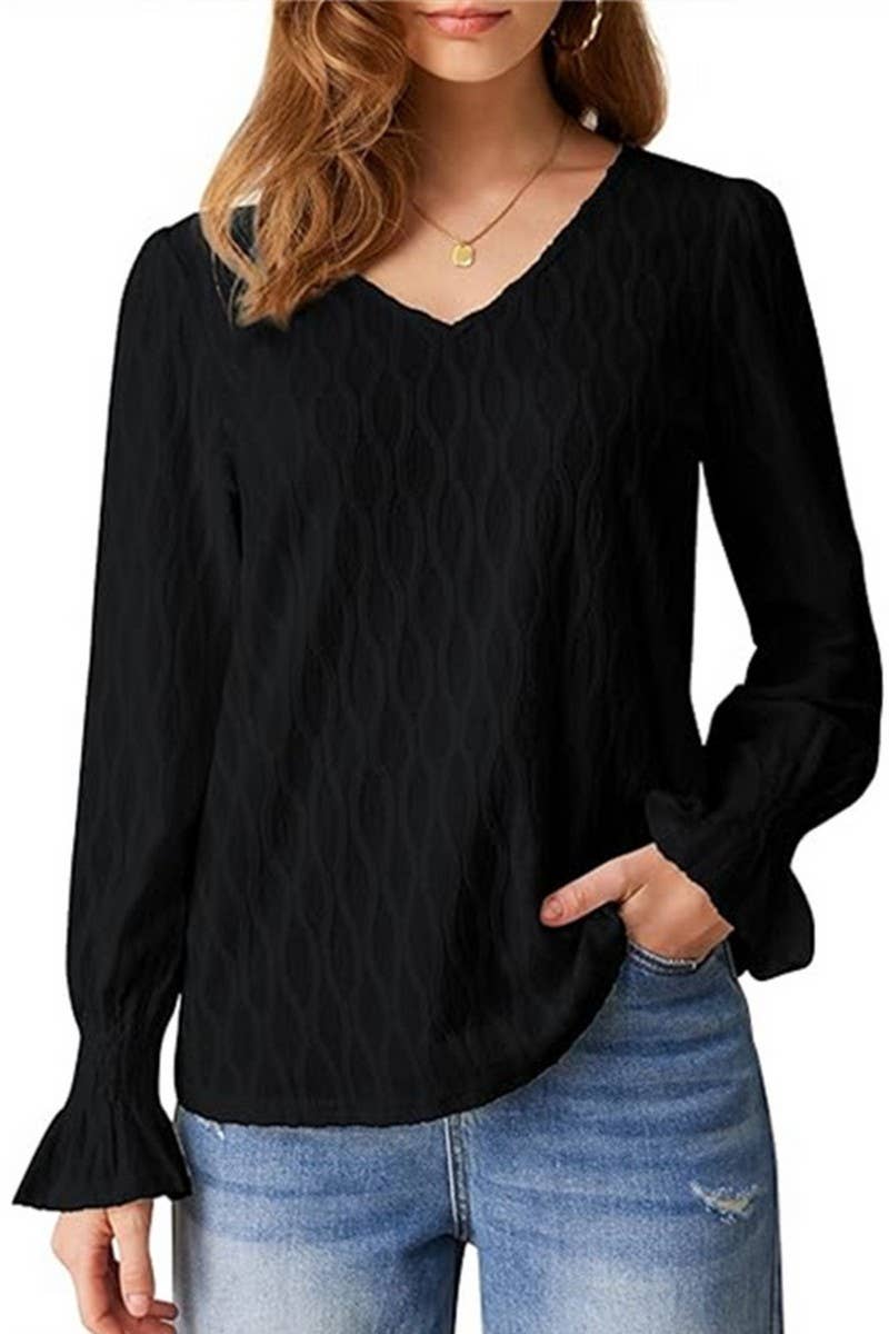 CWTBLL3616_SOLID COLOR V-NECK LONG-SLEEVED T-SHIRT TOP