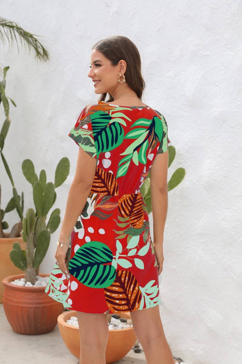 CWDSD4019_V-NECK FLORAL PRINT DRAWSTRING DRESS