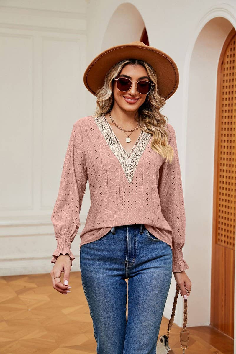 CWTBLL2389_V-NECK LACE STITCHING LONG-SLEEVED PULLOVER