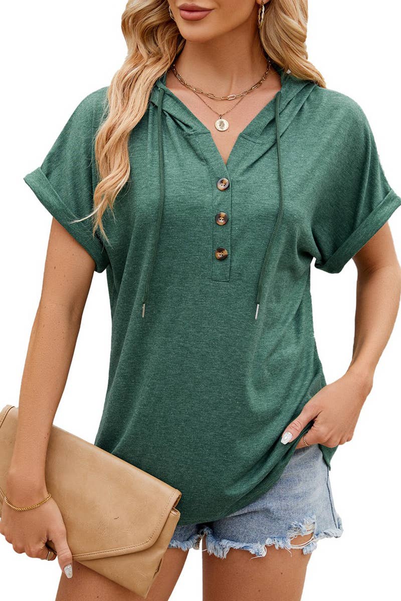 CWTTS1350_SUMMER SOLID COLOR HOODED BUTTON SHORT SLEEVES