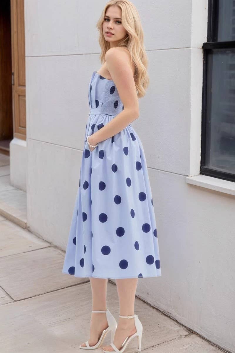 CWDTD0488_POLKA DOT SLEEVELESS TUBE TOP SLIM FIT MIDI DRESS