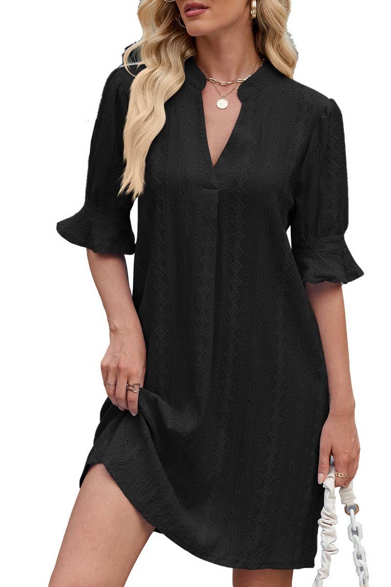 CWDSD7277_V-NECK CASUAL TRUMPET SLEEVE SHORT-SLEEVED DRESS