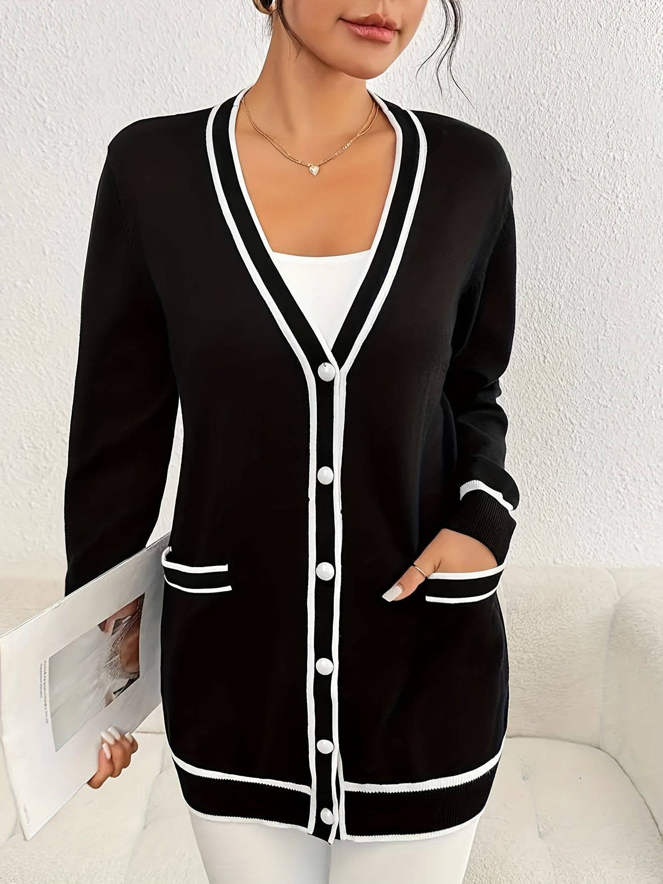 Casual, loose, single-breasted long cardigan