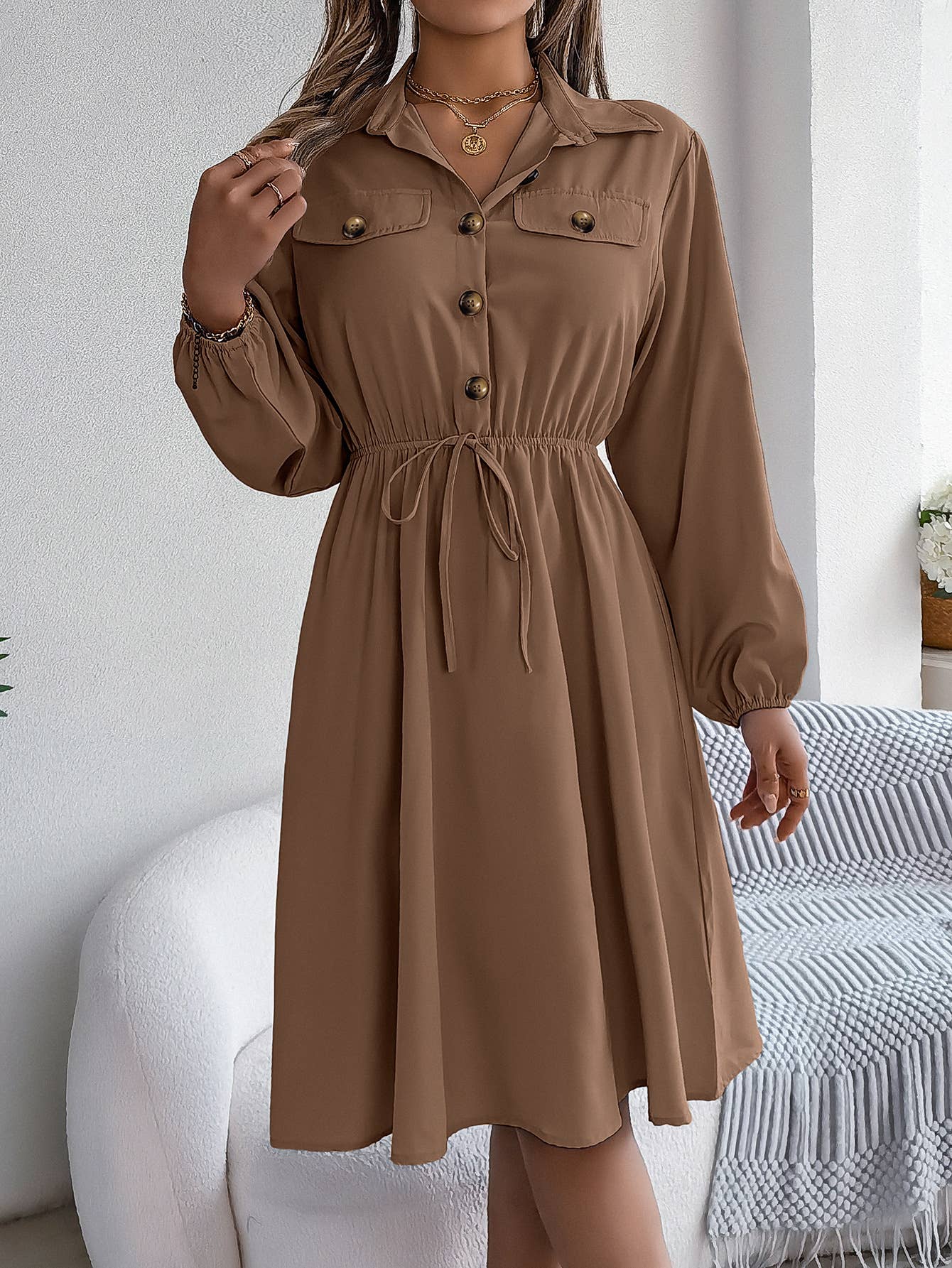 CASUAL BUTTON-UP WAIST LONG SLEEVE SHIRT DRESS