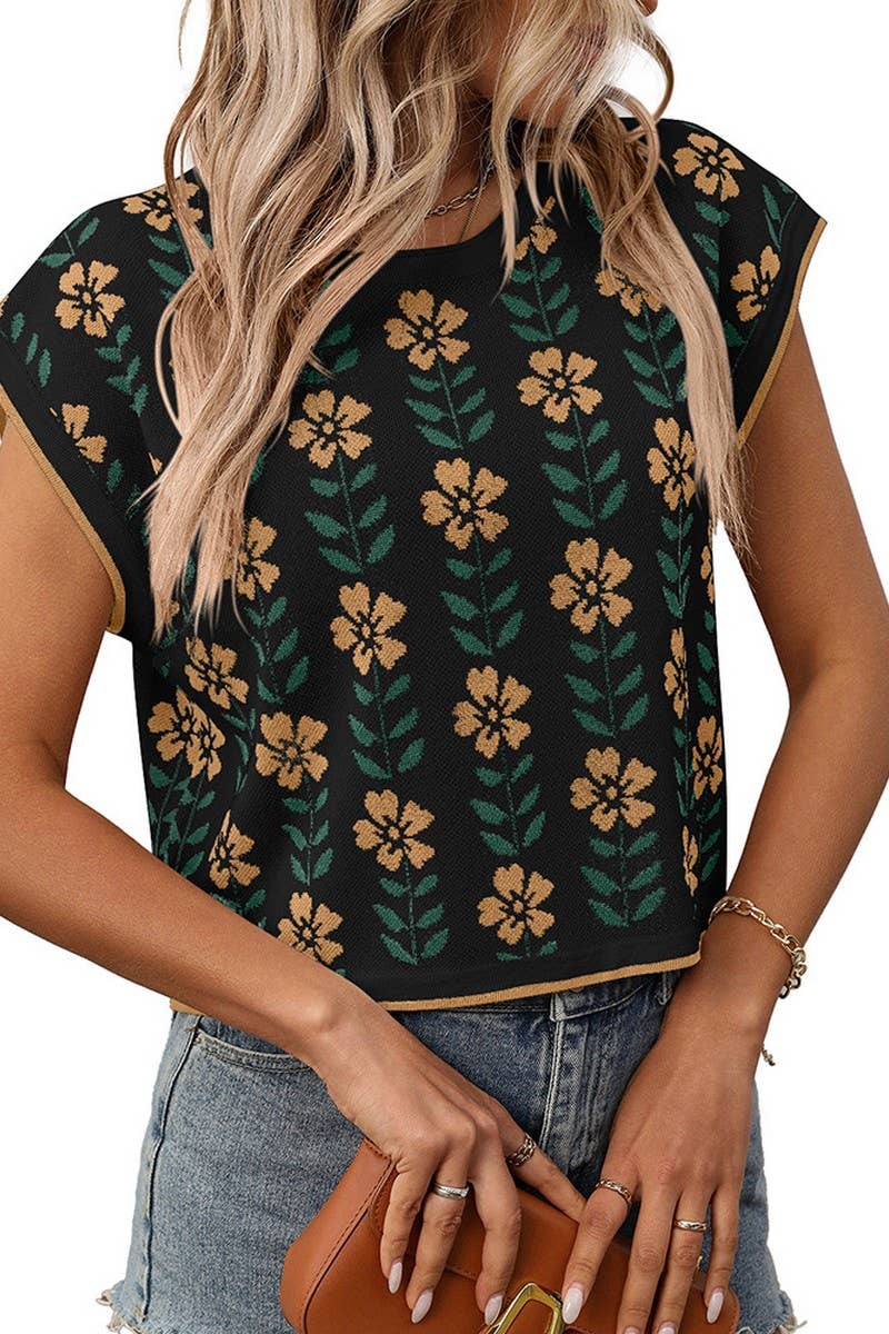 CWTBLS1714_NAVEL-BARING COLOR-BLOCK KNITTED FLOWER SWEATER