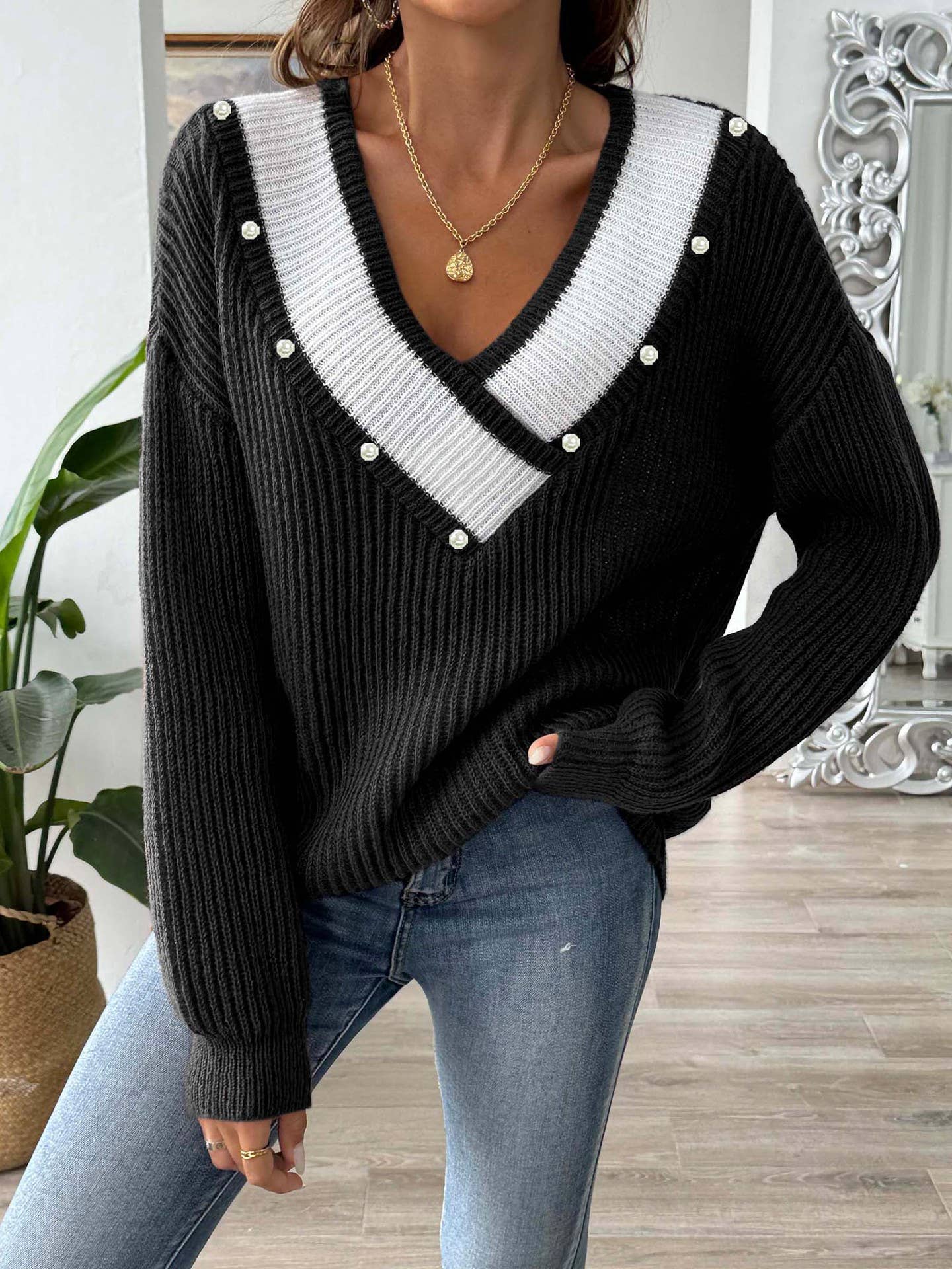 Contrast color v-neck loose sweaters