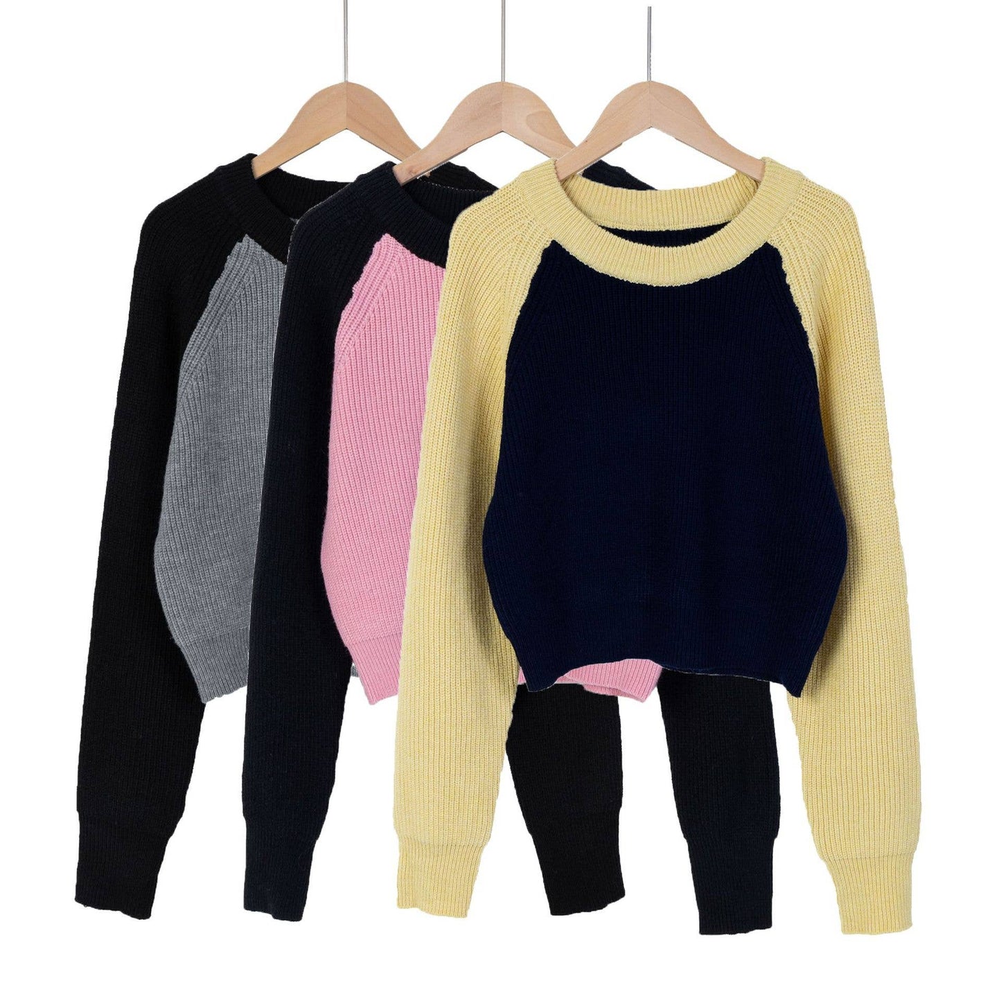 COLOR CONTRAST SLEEVED CREW NECK PULLOVER SWEATER