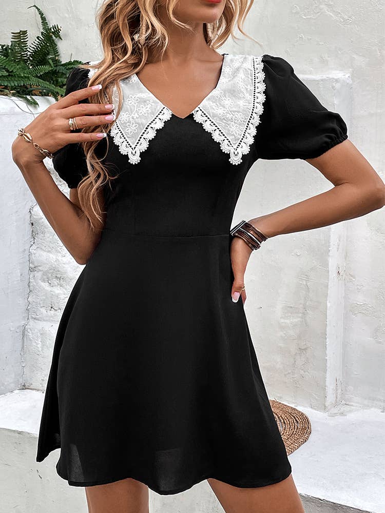 COLOR CONTRAST DOLL COLLAR PUFFY SLEEVE DRESS