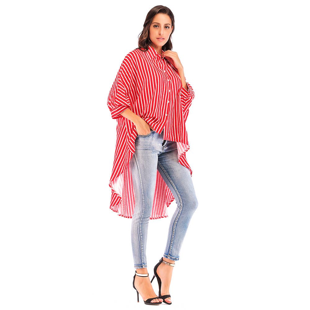 BAT-SLEEVED LOOSE DOVETAIL TREND STRIPED SHIRT