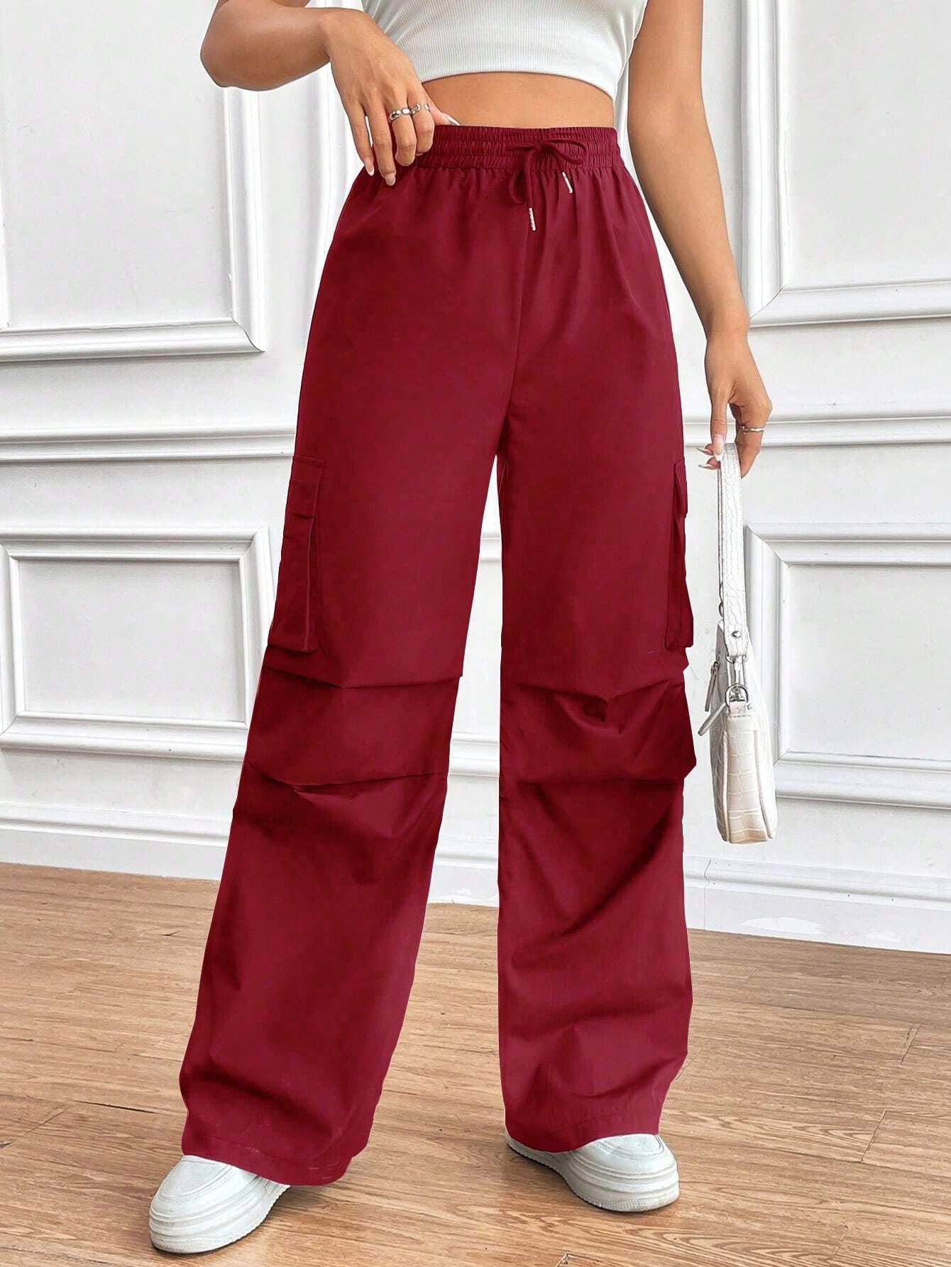 Elastic waist high-waisted baggy cargo pants