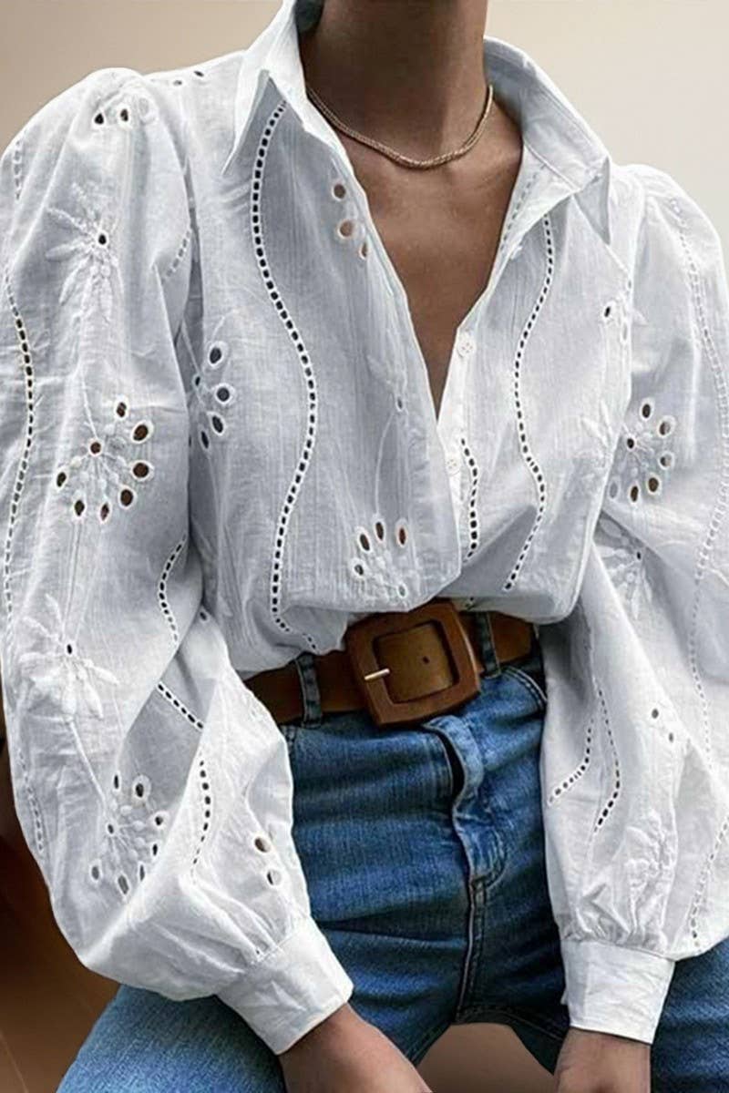 CWTSTL01000_CASUAL LOOSE HOLLOW OUT PUFF SLEEVE  TOP