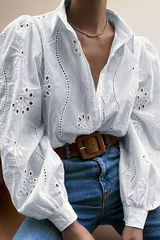 CWTSTL01000_CASUAL LOOSE HOLLOW OUT PUFF SLEEVE  TOP