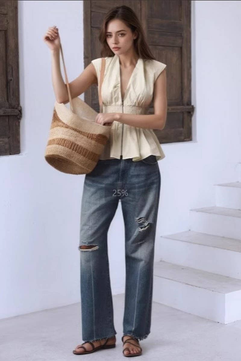 CWTBLSL0991_SLEEVELESS DEEP V ZIP RUCHED WAIST FITTED TOP