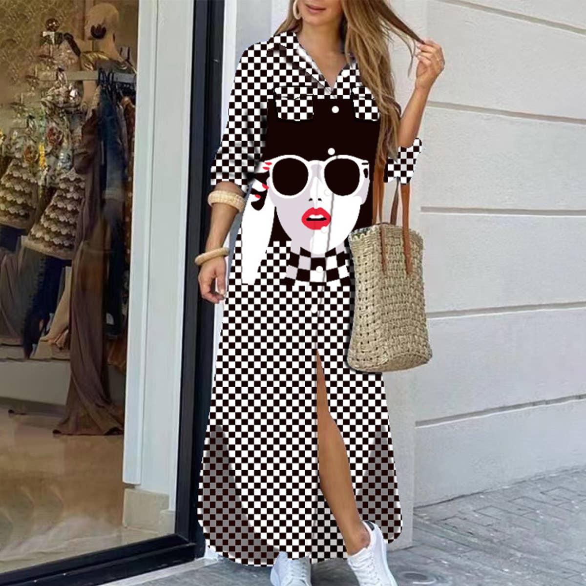 Fashion Long-Sleeved Printed Shirtdress - Recycled Material