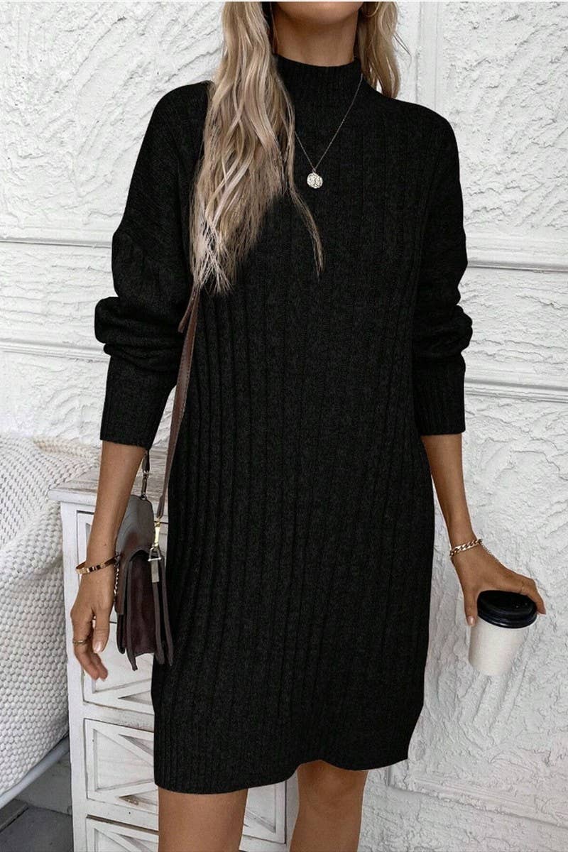 CWDSD10822_SOLID TURTLENECK LONG SLEEVE BODYCON KNIT DRESS