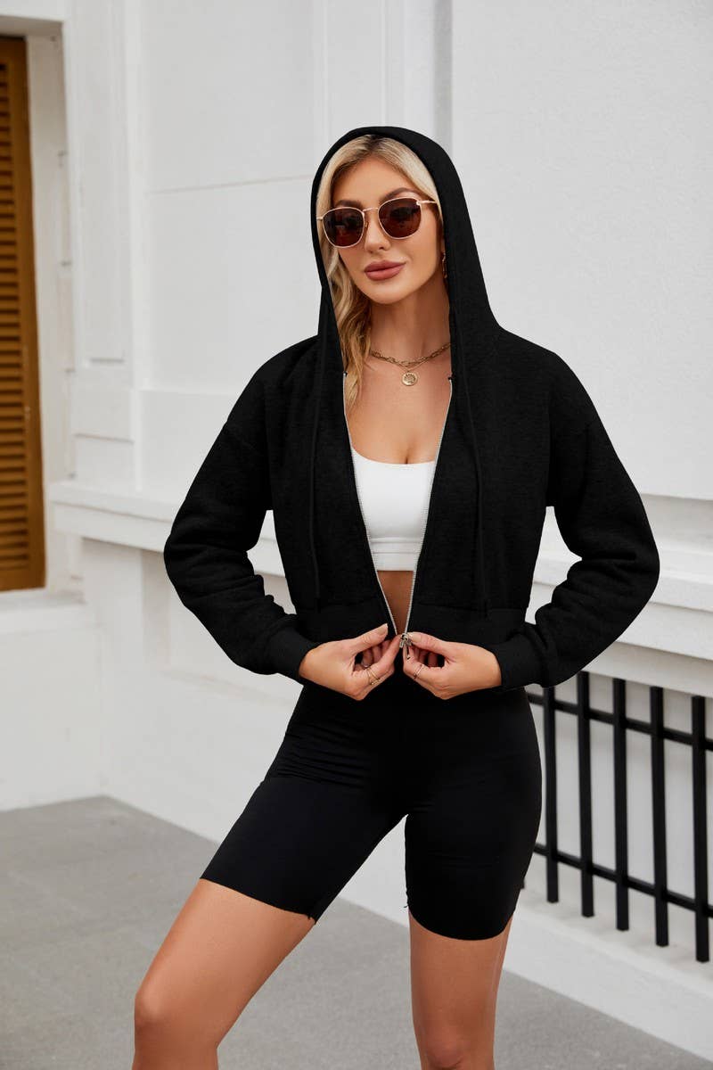 CWOCO0891_SHORT ZIPPER HOODED DRAWSTRING SWEATSHIRT