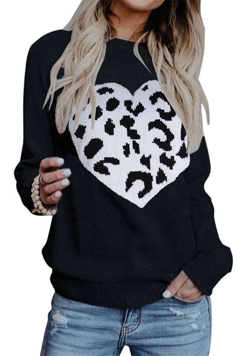 CWOSWL5177_WINTER LEOPARD PRINT LOVE LONG-SLEEVED SWEATER