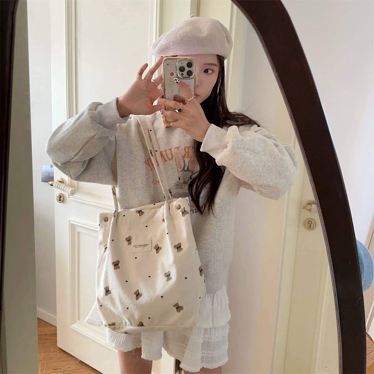 CWAB3901_CORDUROY BEAR PRINT SINGLE SHOULDER UNDERARM BAG